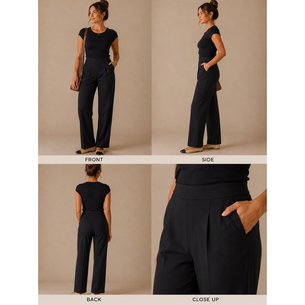 Lou & Grey Womens Black Wide Leg Pleated Trousers High Rise Elastic Waist Small